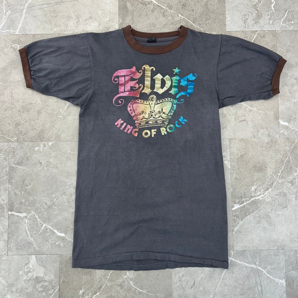 70s Vintage Elvis Presley Graphic Ringer Tee Mens Small Short Sleeve Shirt Black